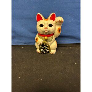 Ceramic White & Orange Maneki Neko Lucky Cat Coin Bank With Red Collar & Gold Gl